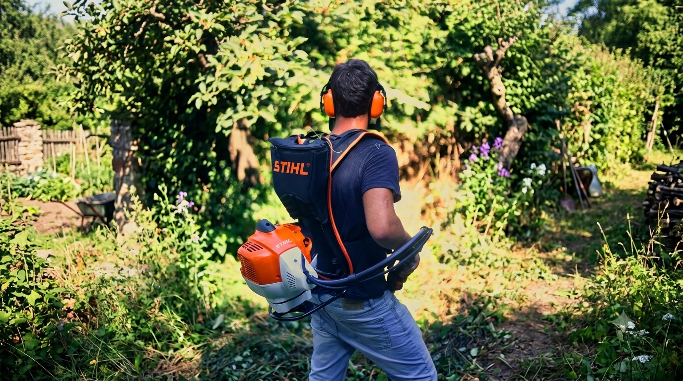 Operatore Epic Garden al lavoro con decespugliatore professionale in un giardino ad Arenzano